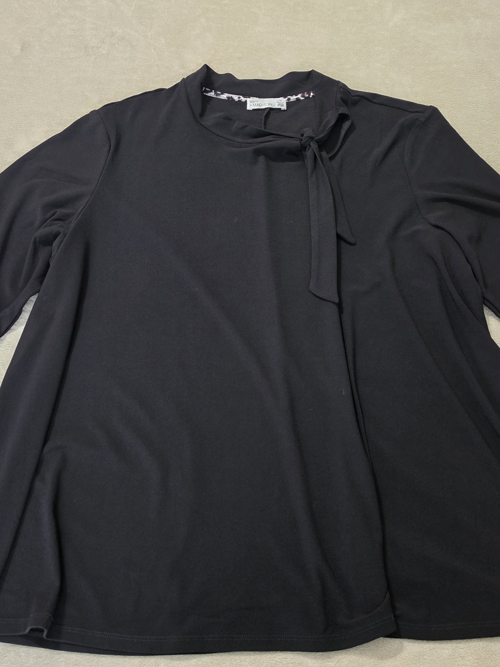 89th + Madison Womens 2X Black Tie Neck Tunic Blouse 3/4 Sleeve Stretch Top